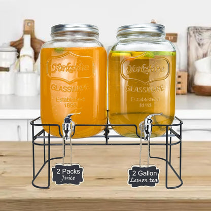 1 Gallon Glass Drink Dispenser for Parties, 2 Packs Juice Lemonade Ice Tea Water Dispenser with Stand, Beverage Dispensers with Spigot for BBQ, Picnic, Party