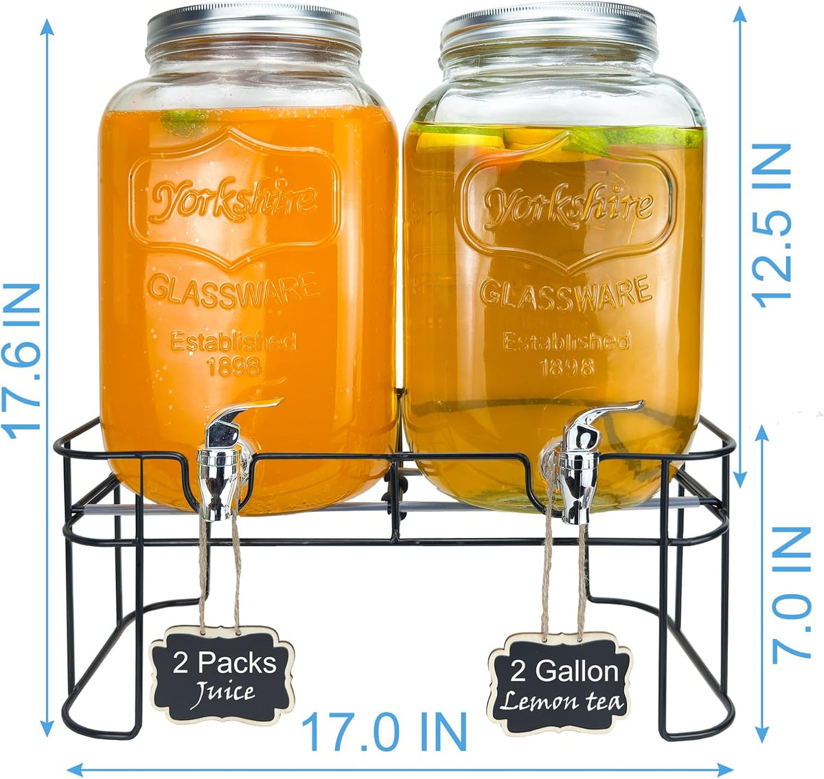 1 Gallon Glass Drink Dispenser for Parties, 2 Packs Juice Lemonade Ice Tea Water Dispenser with Stand, Beverage Dispensers with Spigot for BBQ, Picnic, Party