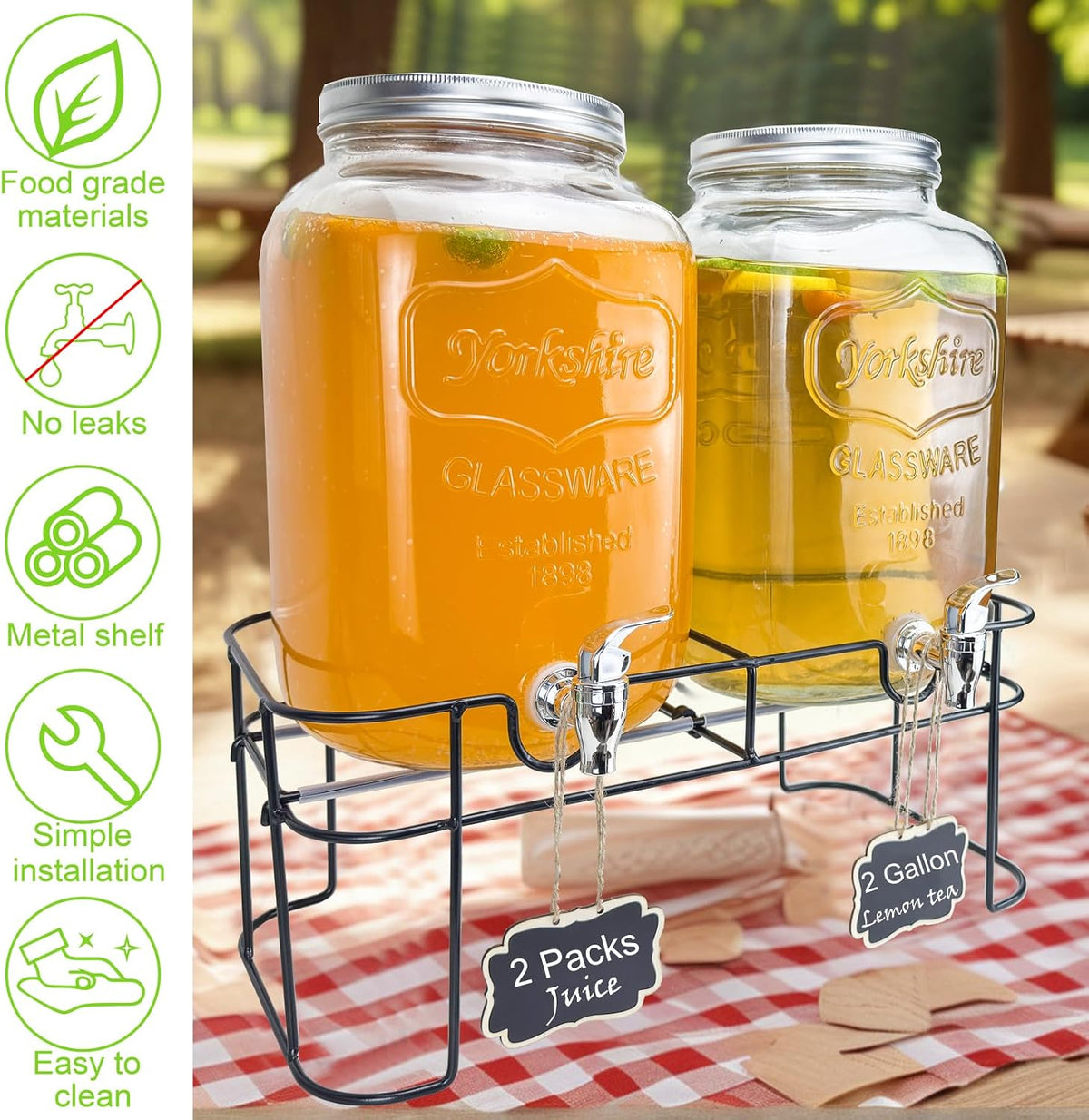 1 Gallon Glass Drink Dispenser for Parties, 2 Packs Juice Lemonade Ice Tea Water Dispenser with Stand, Beverage Dispensers with Spigot for BBQ, Picnic, Party