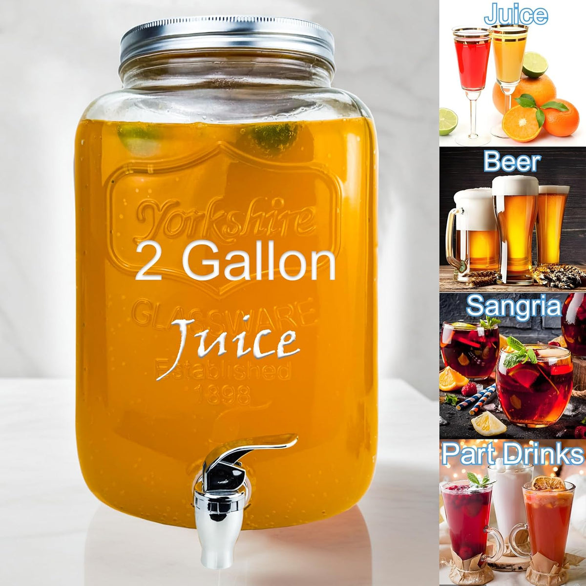 1 Gallon Glass Drink Dispenser for Parties, 2 Packs Juice Lemonade Ice Tea Water Dispenser with Stand, Beverage Dispensers with Spigot for BBQ, Picnic, Party
