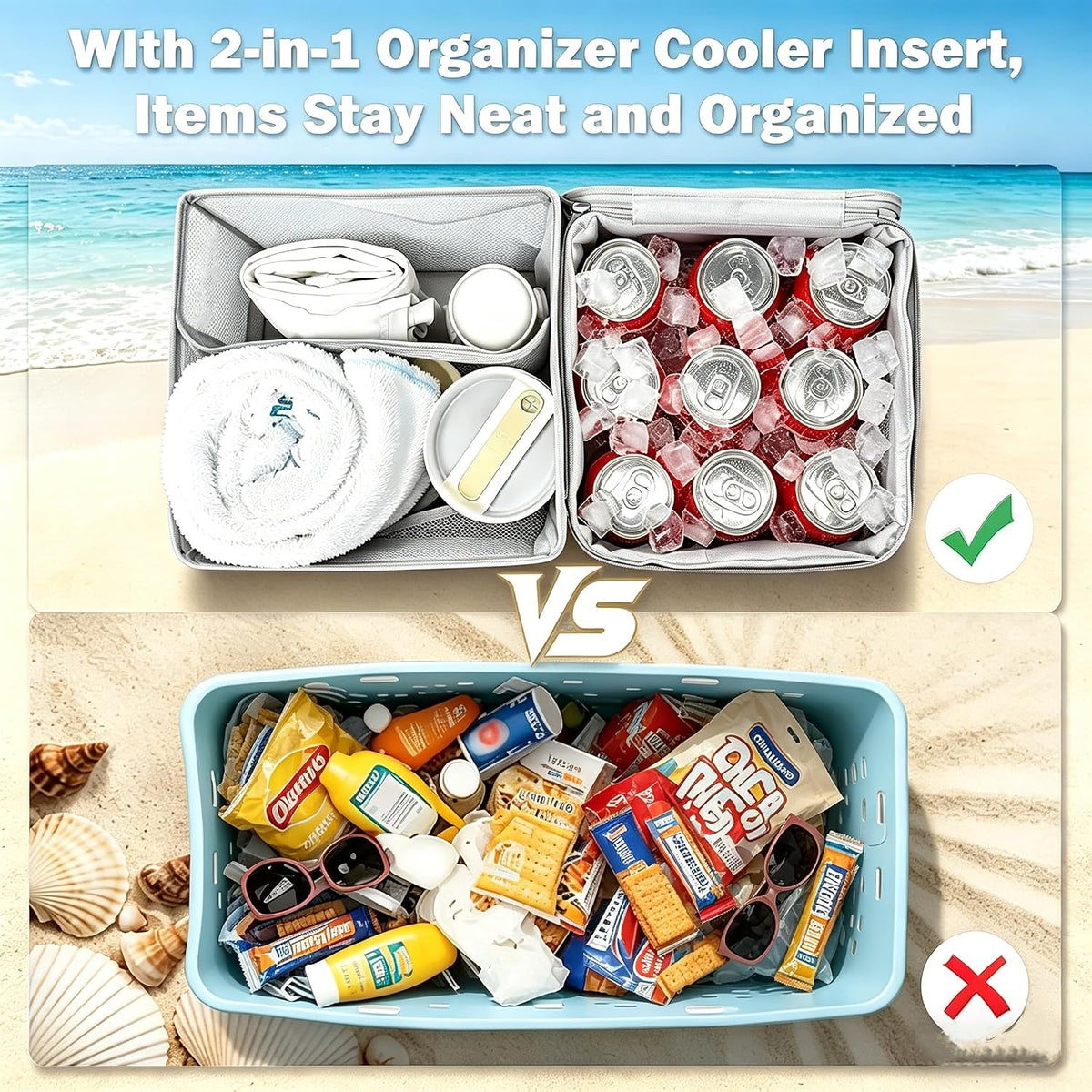 Cooler Organizer Insert for X Large Bogg Bag Accessories, 2-in-1 Leakproof Insulated Ice Chest & Mesh Storage Bag Divider, Ideal Beach Rubber Tote Gift for Simply Modern/Simply Southern