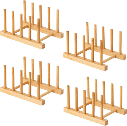 4 Pcs Bamboo Wooden Dish Rack, Plate Organizer for Cabinet Space Saver and Kitchen Counter, Bowl/Cup/Pot Lid/Cutting Board Drying Holder (4 Slots)