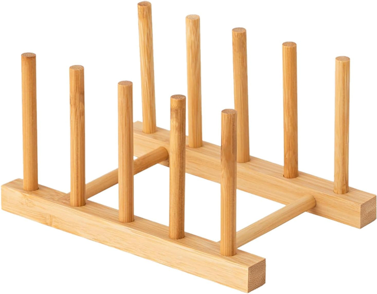 4 Pcs Bamboo Wooden Dish Rack, Plate Organizer for Cabinet Space Saver and Kitchen Counter, Bowl/Cup/Pot Lid/Cutting Board Drying Holder (4 Slots)