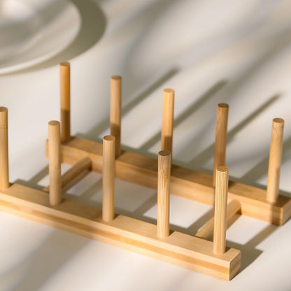 4 Pcs Bamboo Wooden Dish Rack, Plate Organizer for Cabinet Space Saver and Kitchen Counter, Bowl/Cup/Pot Lid/Cutting Board Drying Holder (4 Slots)