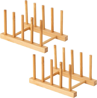 4 Pcs Bamboo Wooden Dish Rack, Plate Organizer for Cabinet Space Saver and Kitchen Counter, Bowl/Cup/Pot Lid/Cutting Board Drying Holder (4 Slots)