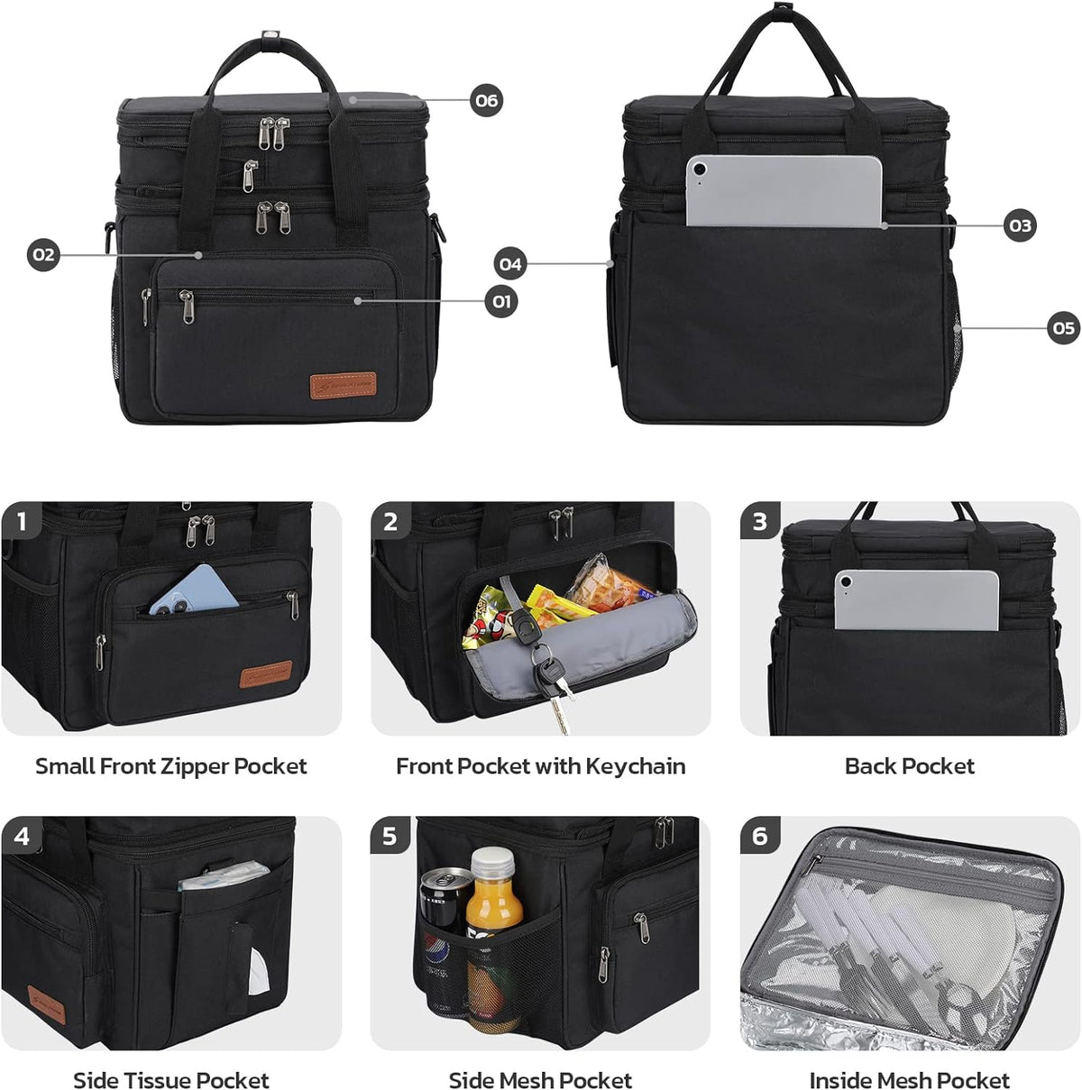 23L Insulated Lunch Box, Expandable Double Deck Cooler Bag