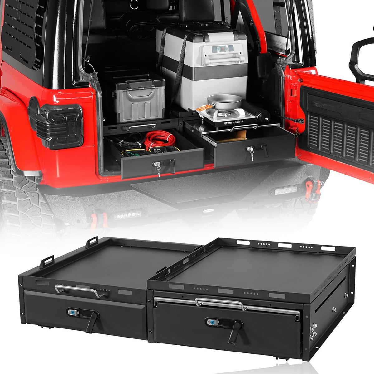 JK JL Trunk Drawer System w/Fridge Slide Mount for 2007-2026 Jeep Wrangler JK JL 4-Door, Tailgate Lockable Tool Box Cargo Storage Organizer