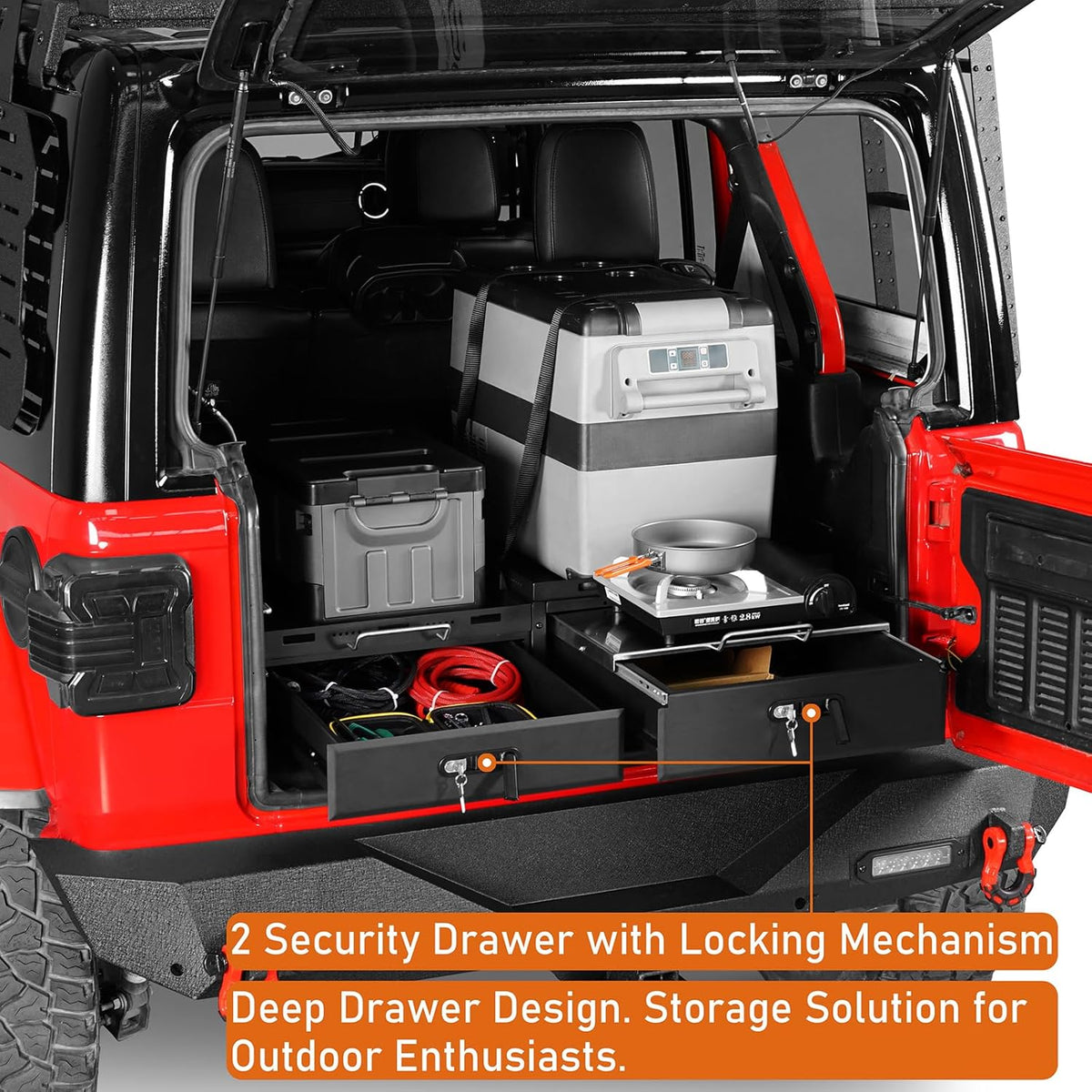 JK JL Trunk Drawer System w/Fridge Slide Mount for 2007-2026 Jeep Wrangler JK JL 4-Door, Tailgate Lockable Tool Box Cargo Storage Organizer