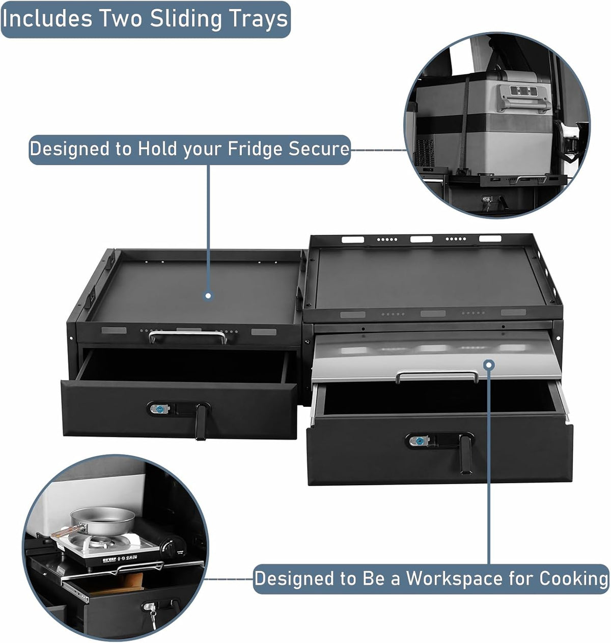 JK JL Trunk Drawer System w/Fridge Slide Mount for 2007-2026 Jeep Wrangler JK JL 4-Door, Tailgate Lockable Tool Box Cargo Storage Organizer