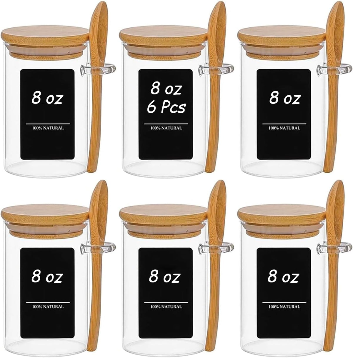 Glass Spice Jars with Labels 8 oz 6 Pack Square Bamboo Lids | Empty Containers, Seasoning Herbs Powders, Salt Pepper Chili, Kitchen Cabinet Storage Starter Set, Dry Goods