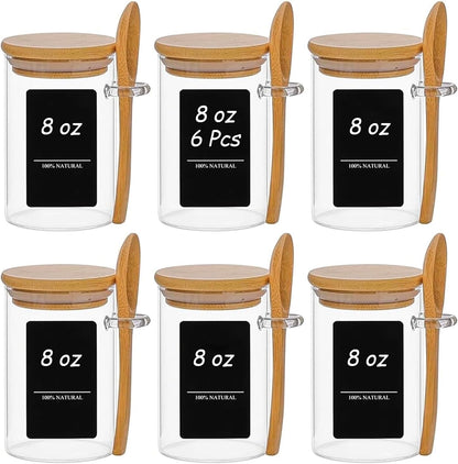 Glass Spice Jars with Labels 8 oz 6 Pack Square Bamboo Lids | Empty Containers, Seasoning Herbs Powders, Salt Pepper Chili, Kitchen Cabinet Storage Starter Set, Dry Goods