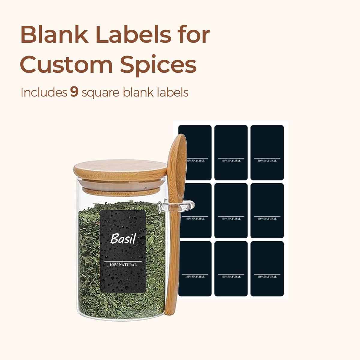 Glass Spice Jars with Labels 8 oz 6 Pack Square Bamboo Lids | Empty Containers, Seasoning Herbs Powders, Salt Pepper Chili, Kitchen Cabinet Storage Starter Set, Dry Goods