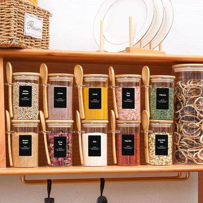Glass Spice Jars with Labels 8 oz 6 Pack Square Bamboo Lids | Empty Containers, Seasoning Herbs Powders, Salt Pepper Chili, Kitchen Cabinet Storage Starter Set, Dry Goods