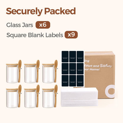 Glass Spice Jars with Labels 8 oz 6 Pack Square Bamboo Lids | Empty Containers, Seasoning Herbs Powders, Salt Pepper Chili, Kitchen Cabinet Storage Starter Set, Dry Goods