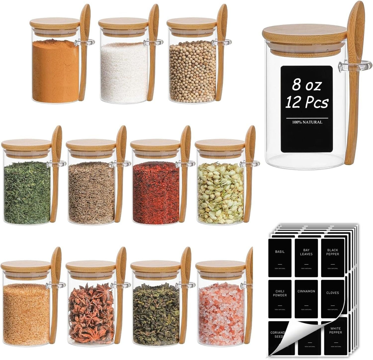Glass Spice Jars with Labels 8 oz 6 Pack Square Bamboo Lids | Empty Containers, Seasoning Herbs Powders, Salt Pepper Chili, Kitchen Cabinet Storage Starter Set, Dry Goods
