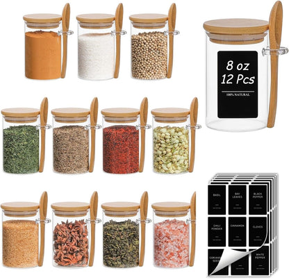 Glass Spice Jars with Labels 8 oz 6 Pack Square Bamboo Lids | Empty Containers, Seasoning Herbs Powders, Salt Pepper Chili, Kitchen Cabinet Storage Starter Set, Dry Goods