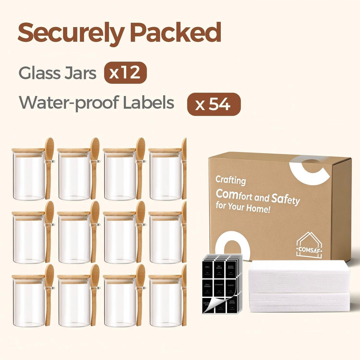 Glass Spice Jars with Labels 8 oz 6 Pack Square Bamboo Lids | Empty Containers, Seasoning Herbs Powders, Salt Pepper Chili, Kitchen Cabinet Storage Starter Set, Dry Goods