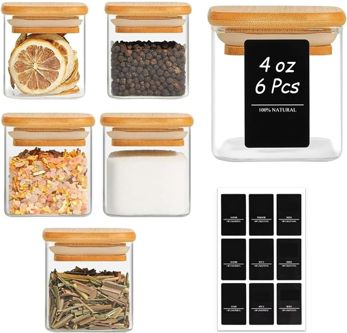 Glass Spice Jars with Labels 8 oz 6 Pack Square Bamboo Lids | Empty Containers, Seasoning Herbs Powders, Salt Pepper Chili, Kitchen Cabinet Storage Starter Set, Dry Goods