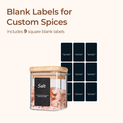 Glass Spice Jars with Labels 8 oz 6 Pack Square Bamboo Lids | Empty Containers, Seasoning Herbs Powders, Salt Pepper Chili, Kitchen Cabinet Storage Starter Set, Dry Goods