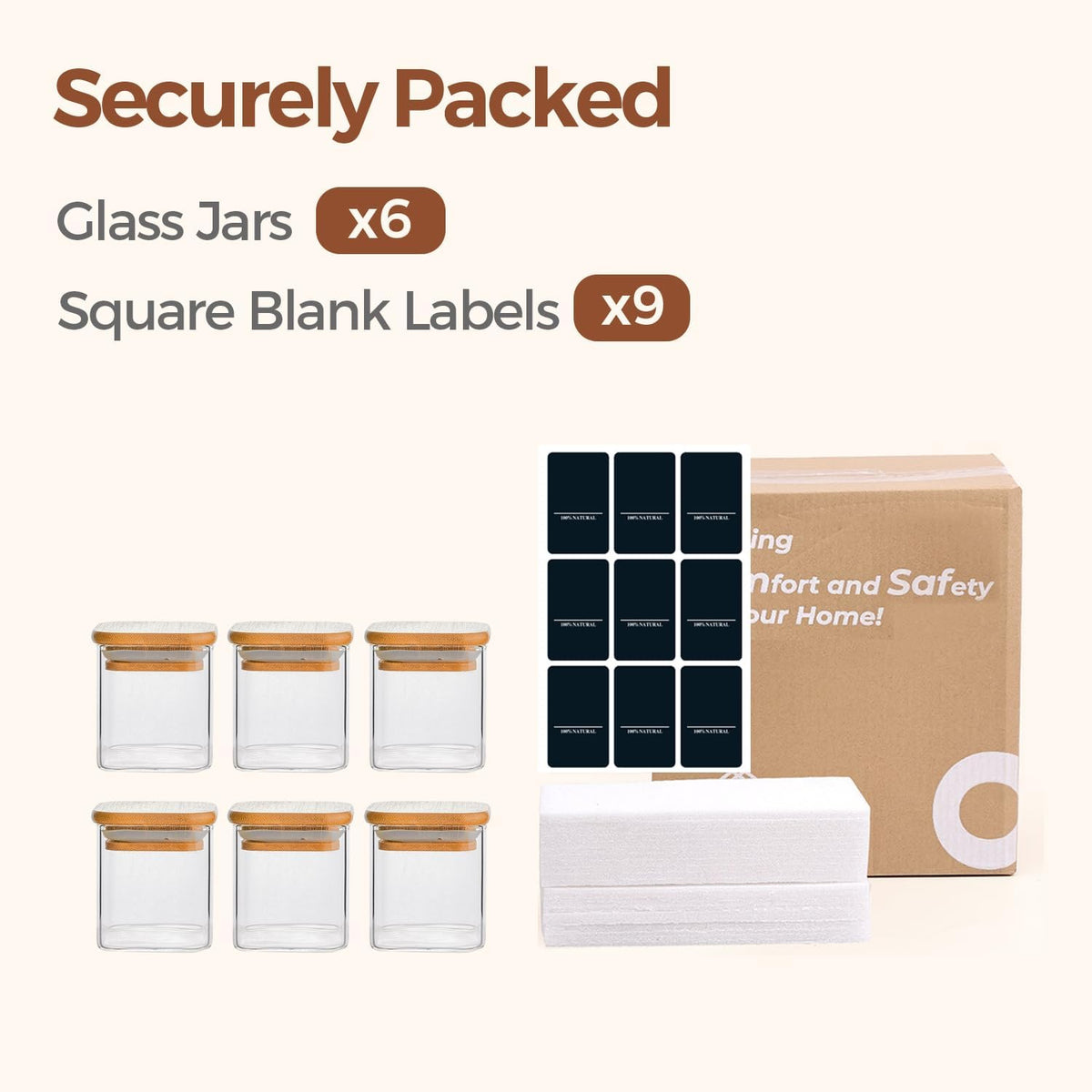 Glass Spice Jars with Labels 8 oz 6 Pack Square Bamboo Lids | Empty Containers, Seasoning Herbs Powders, Salt Pepper Chili, Kitchen Cabinet Storage Starter Set, Dry Goods