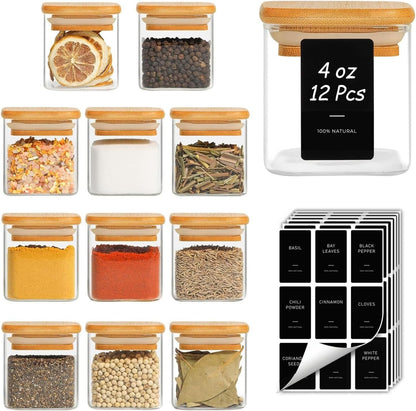 Glass Spice Jars with Labels 8 oz 6 Pack Square Bamboo Lids | Empty Containers, Seasoning Herbs Powders, Salt Pepper Chili, Kitchen Cabinet Storage Starter Set, Dry Goods