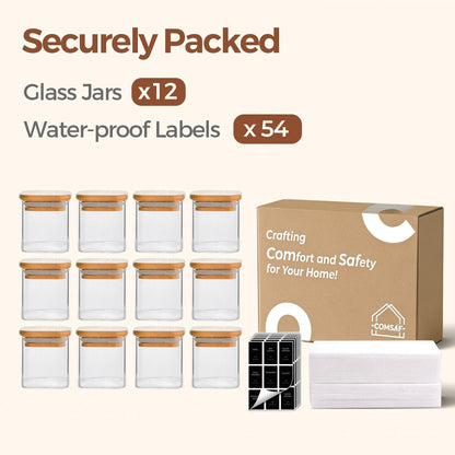 Glass Spice Jars with Labels 8 oz 6 Pack Square Bamboo Lids | Empty Containers, Seasoning Herbs Powders, Salt Pepper Chili, Kitchen Cabinet Storage Starter Set, Dry Goods
