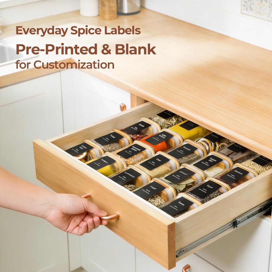 Glass Spice Jars with Labels 8 oz 6 Pack Square Bamboo Lids | Empty Containers, Seasoning Herbs Powders, Salt Pepper Chili, Kitchen Cabinet Storage Starter Set, Dry Goods