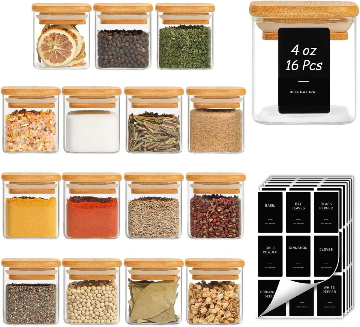 Glass Spice Jars with Labels 8 oz 6 Pack Square Bamboo Lids | Empty Containers, Seasoning Herbs Powders, Salt Pepper Chili, Kitchen Cabinet Storage Starter Set, Dry Goods