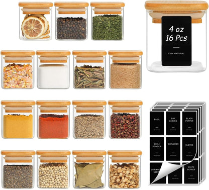 Glass Spice Jars with Labels 8 oz 6 Pack Square Bamboo Lids | Empty Containers, Seasoning Herbs Powders, Salt Pepper Chili, Kitchen Cabinet Storage Starter Set, Dry Goods