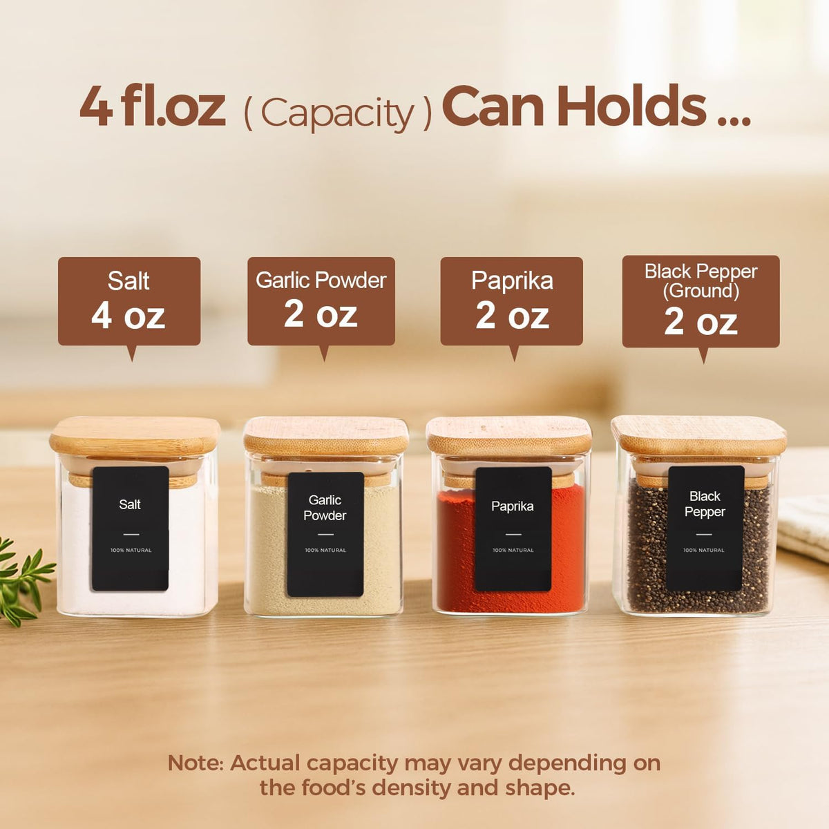 Glass Spice Jars with Labels 8 oz 6 Pack Square Bamboo Lids | Empty Containers, Seasoning Herbs Powders, Salt Pepper Chili, Kitchen Cabinet Storage Starter Set, Dry Goods
