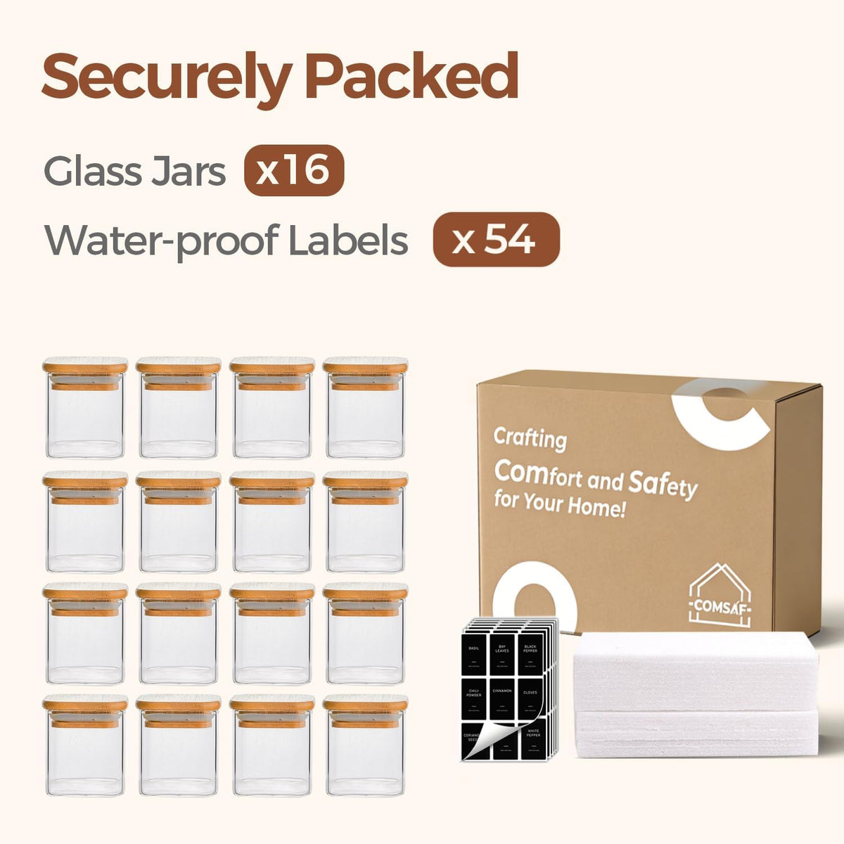 Glass Spice Jars with Labels 8 oz 6 Pack Square Bamboo Lids | Empty Containers, Seasoning Herbs Powders, Salt Pepper Chili, Kitchen Cabinet Storage Starter Set, Dry Goods