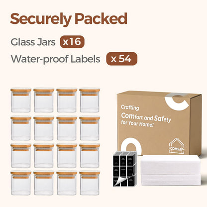 Glass Spice Jars with Labels 8 oz 6 Pack Square Bamboo Lids | Empty Containers, Seasoning Herbs Powders, Salt Pepper Chili, Kitchen Cabinet Storage Starter Set, Dry Goods