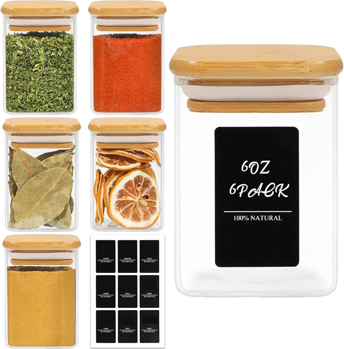 Glass Spice Jars with Labels 8 oz 6 Pack Square Bamboo Lids | Empty Containers, Seasoning Herbs Powders, Salt Pepper Chili, Kitchen Cabinet Storage Starter Set, Dry Goods