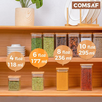 Glass Spice Jars with Labels 8 oz 6 Pack Square Bamboo Lids | Empty Containers, Seasoning Herbs Powders, Salt Pepper Chili, Kitchen Cabinet Storage Starter Set, Dry Goods