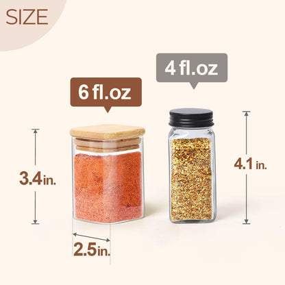 Glass Spice Jars with Labels 8 oz 6 Pack Square Bamboo Lids | Empty Containers, Seasoning Herbs Powders, Salt Pepper Chili, Kitchen Cabinet Storage Starter Set, Dry Goods