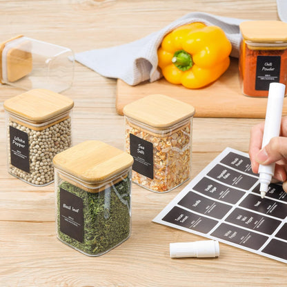 Glass Spice Jars with Labels 8 oz 6 Pack Square Bamboo Lids | Empty Containers, Seasoning Herbs Powders, Salt Pepper Chili, Kitchen Cabinet Storage Starter Set, Dry Goods