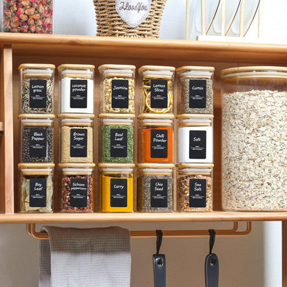 Glass Spice Jars with Labels 8 oz 6 Pack Square Bamboo Lids | Empty Containers, Seasoning Herbs Powders, Salt Pepper Chili, Kitchen Cabinet Storage Starter Set, Dry Goods