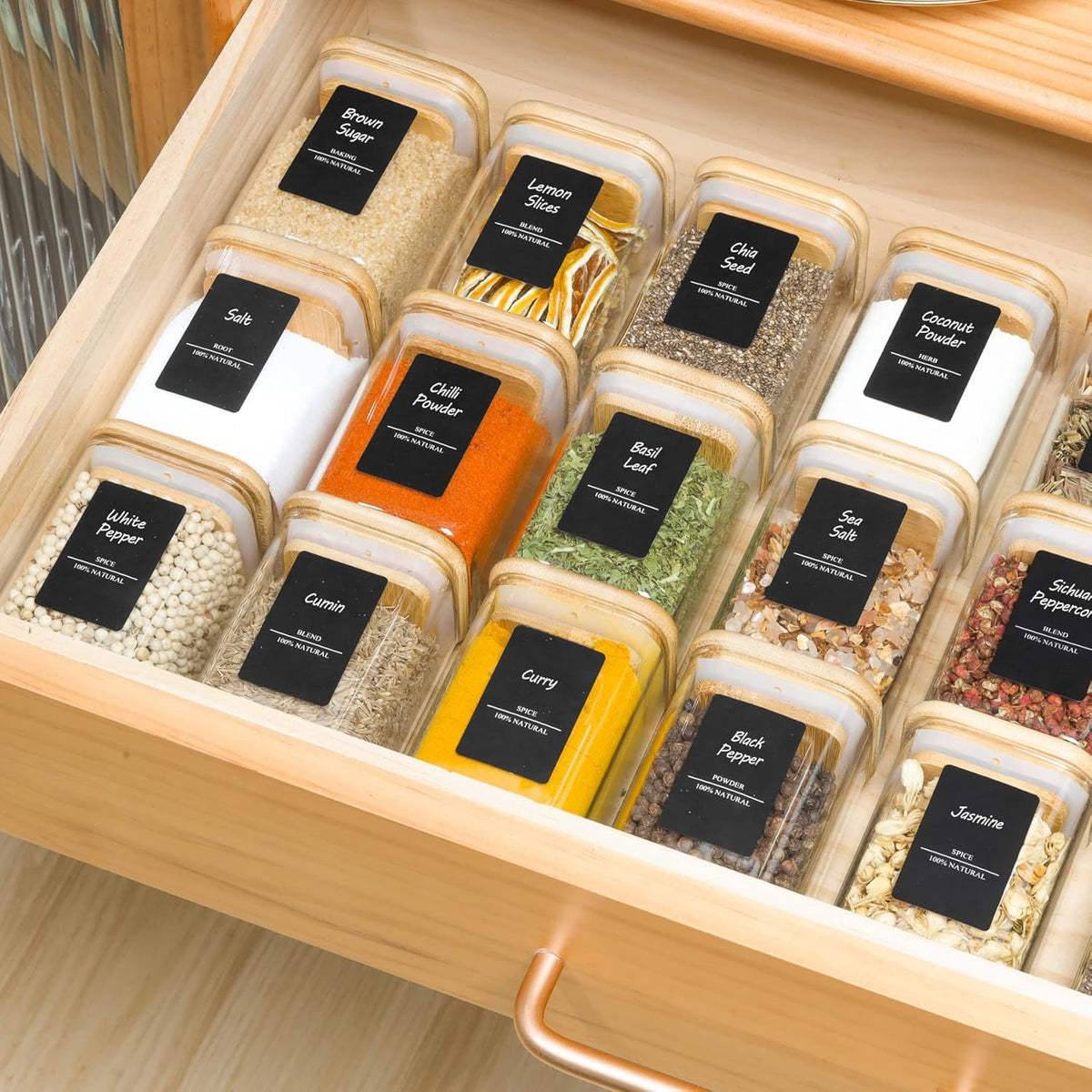 Glass Spice Jars with Labels 8 oz 6 Pack Square Bamboo Lids | Empty Containers, Seasoning Herbs Powders, Salt Pepper Chili, Kitchen Cabinet Storage Starter Set, Dry Goods