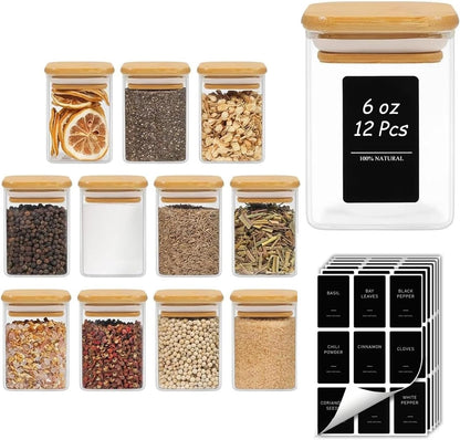 Glass Spice Jars with Labels 8 oz 6 Pack Square Bamboo Lids | Empty Containers, Seasoning Herbs Powders, Salt Pepper Chili, Kitchen Cabinet Storage Starter Set, Dry Goods
