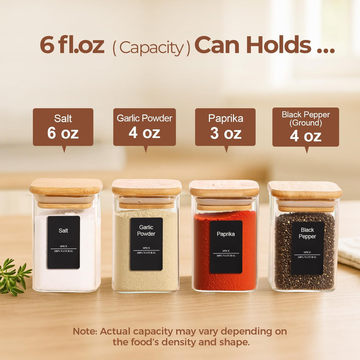 Glass Spice Jars with Labels 8 oz 6 Pack Square Bamboo Lids | Empty Containers, Seasoning Herbs Powders, Salt Pepper Chili, Kitchen Cabinet Storage Starter Set, Dry Goods