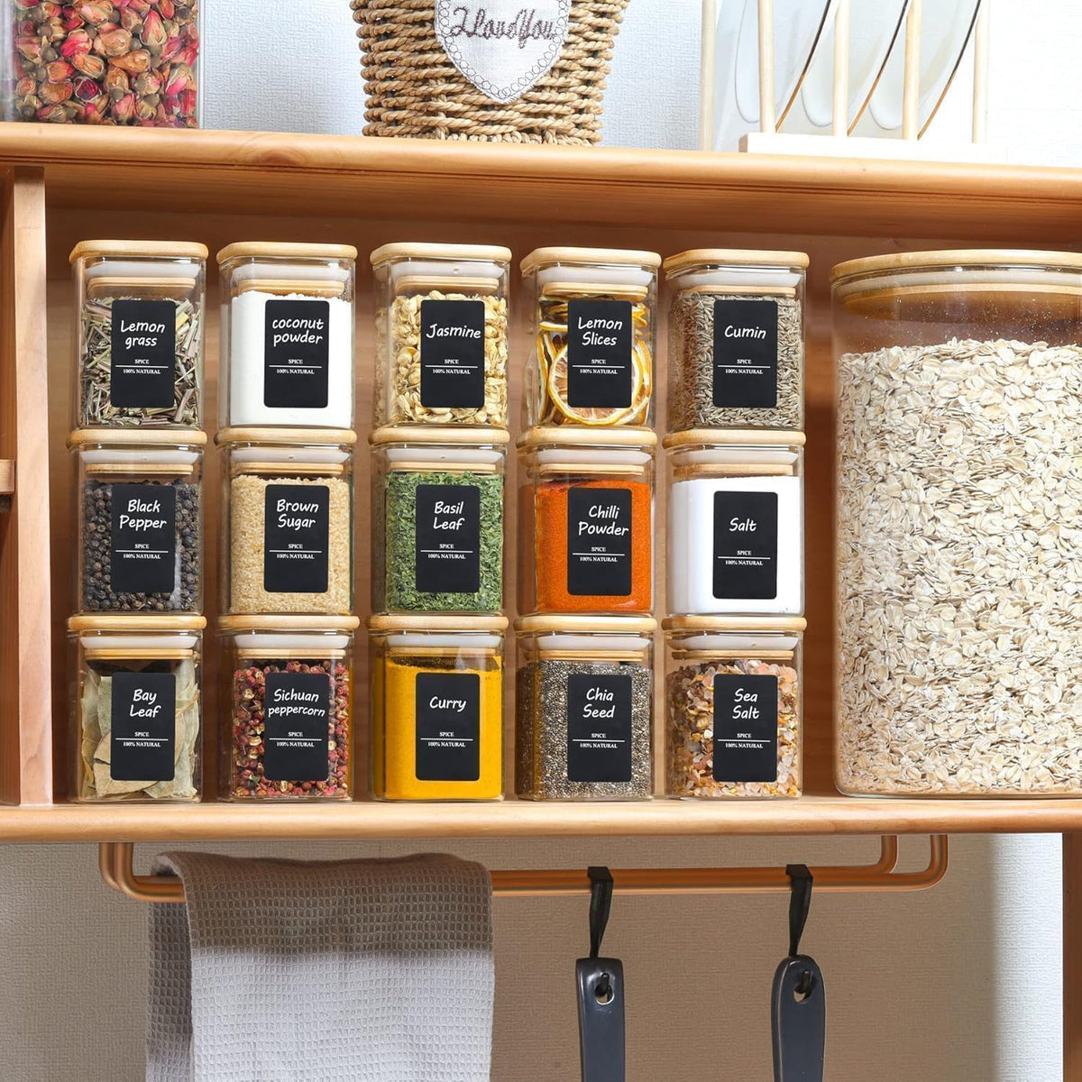 Glass Spice Jars with Labels 8 oz 6 Pack Square Bamboo Lids | Empty Containers, Seasoning Herbs Powders, Salt Pepper Chili, Kitchen Cabinet Storage Starter Set, Dry Goods