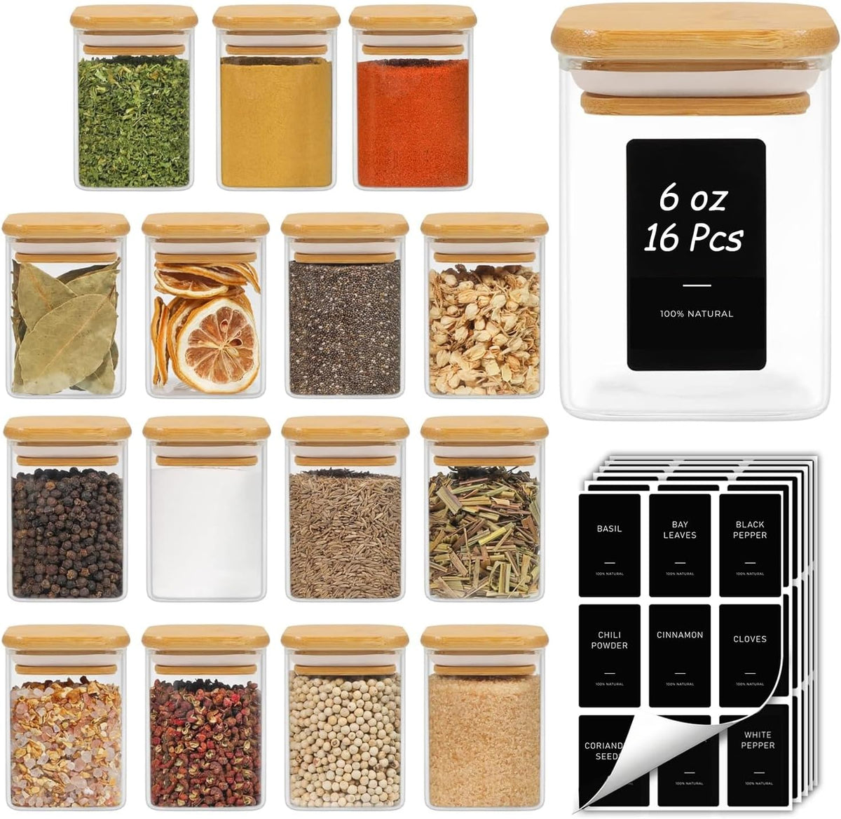 Glass Spice Jars with Labels 8 oz 6 Pack Square Bamboo Lids | Empty Containers, Seasoning Herbs Powders, Salt Pepper Chili, Kitchen Cabinet Storage Starter Set, Dry Goods