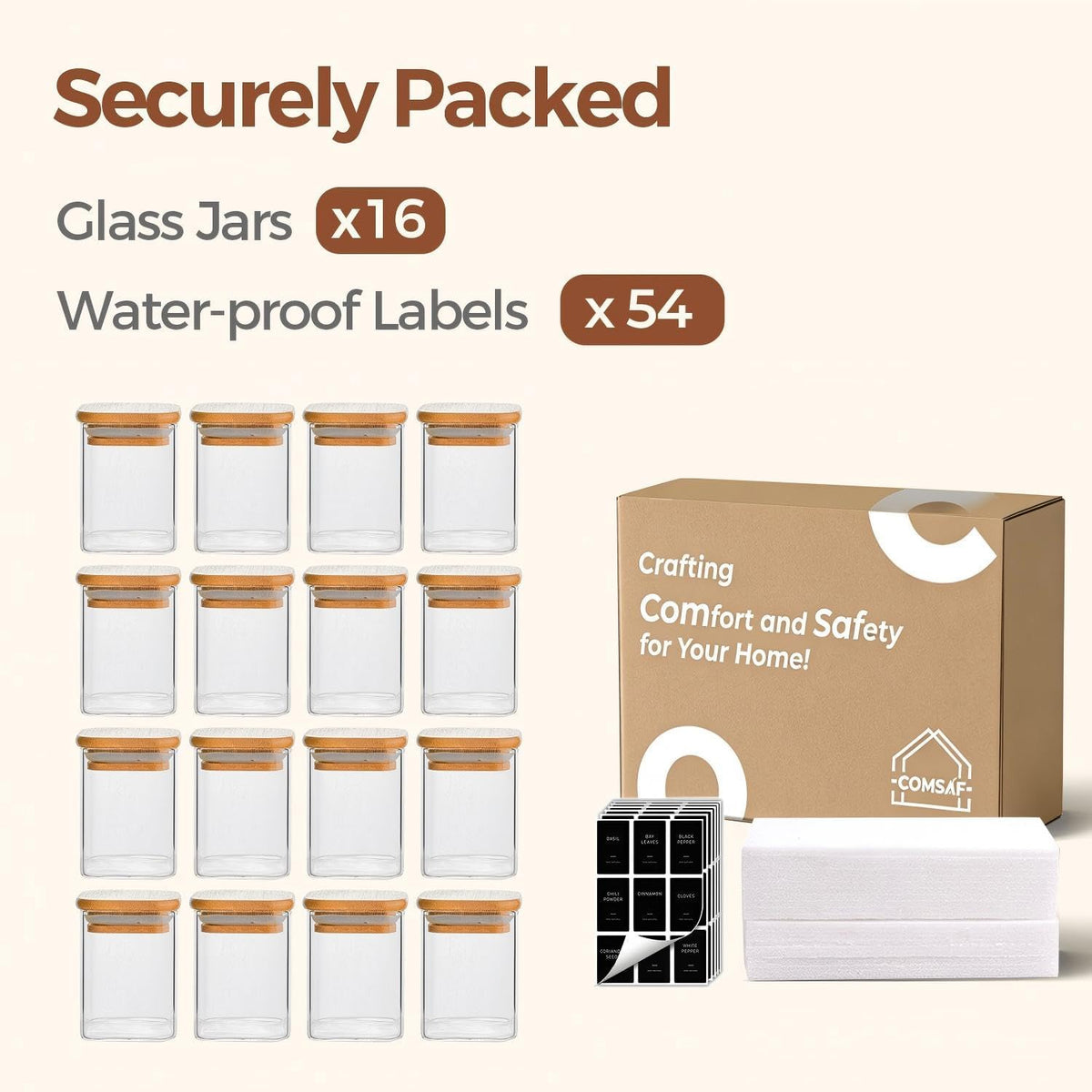 Glass Spice Jars with Labels 8 oz 6 Pack Square Bamboo Lids | Empty Containers, Seasoning Herbs Powders, Salt Pepper Chili, Kitchen Cabinet Storage Starter Set, Dry Goods