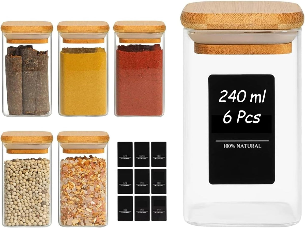 Glass Spice Jars with Labels 8 oz 6 Pack Square Bamboo Lids | Empty Containers, Seasoning Herbs Powders, Salt Pepper Chili, Kitchen Cabinet Storage Starter Set, Dry Goods