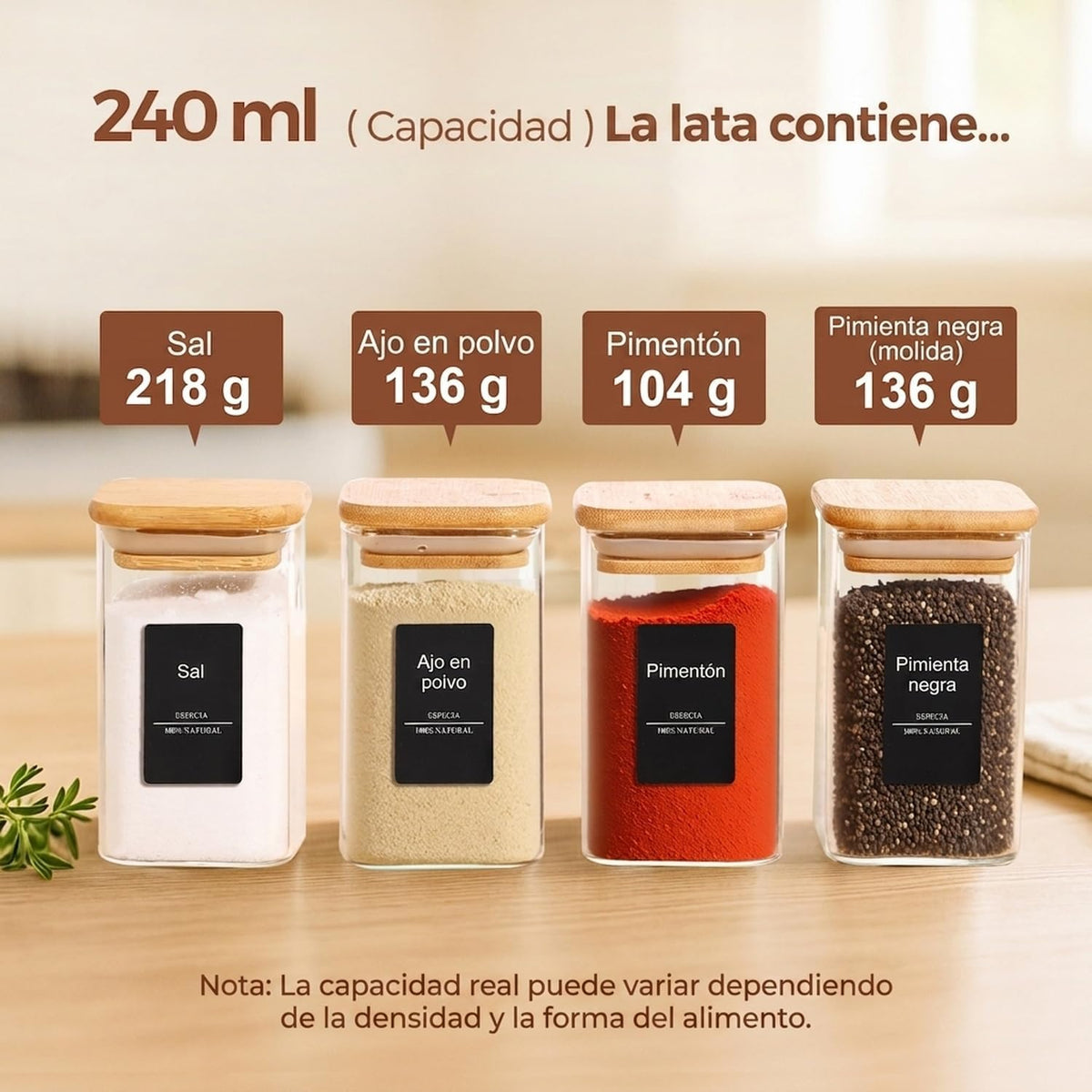 Glass Spice Jars with Labels 8 oz 6 Pack Square Bamboo Lids | Empty Containers, Seasoning Herbs Powders, Salt Pepper Chili, Kitchen Cabinet Storage Starter Set, Dry Goods