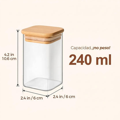 Glass Spice Jars with Labels 8 oz 6 Pack Square Bamboo Lids | Empty Containers, Seasoning Herbs Powders, Salt Pepper Chili, Kitchen Cabinet Storage Starter Set, Dry Goods
