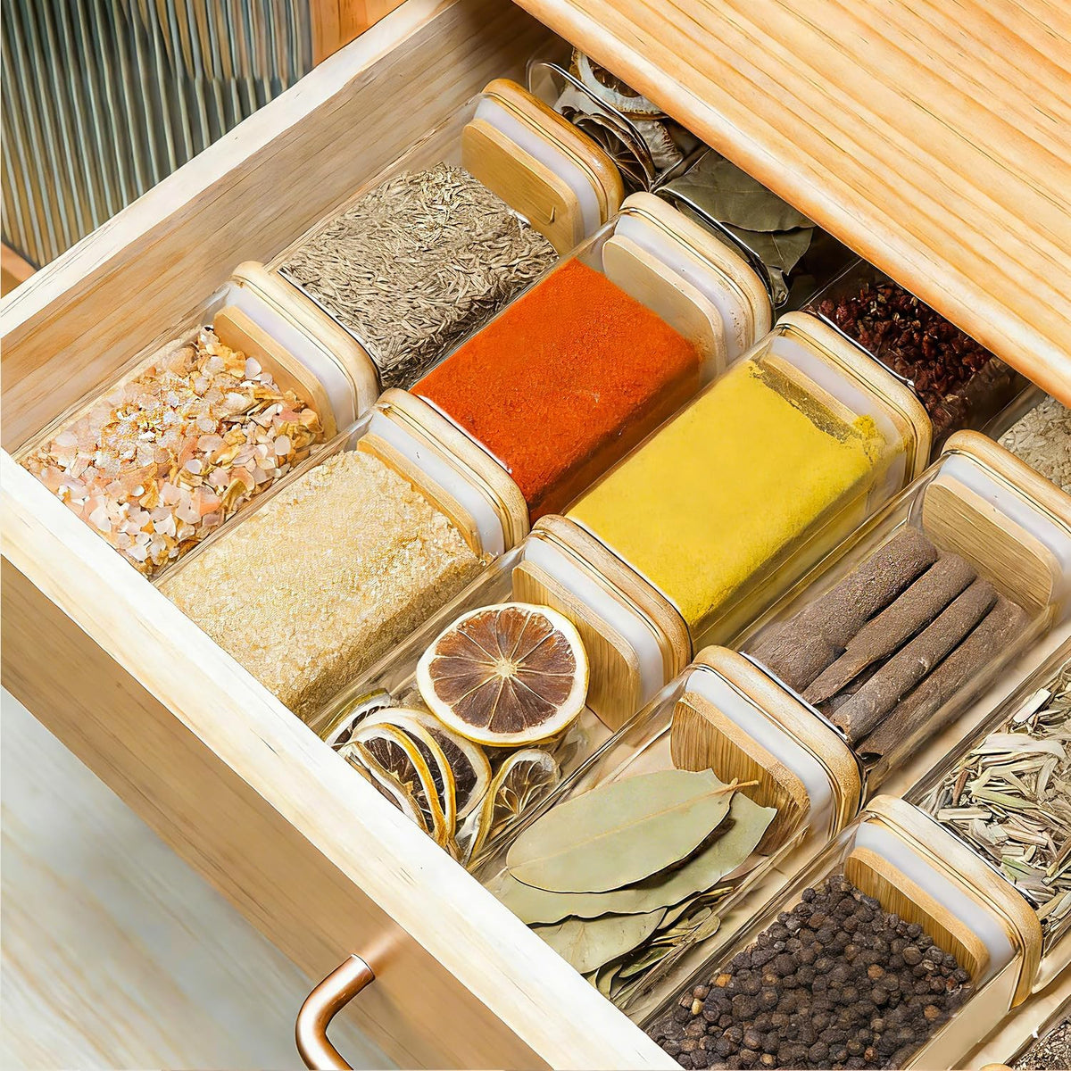 Glass Spice Jars with Labels 8 oz 6 Pack Square Bamboo Lids | Empty Containers, Seasoning Herbs Powders, Salt Pepper Chili, Kitchen Cabinet Storage Starter Set, Dry Goods