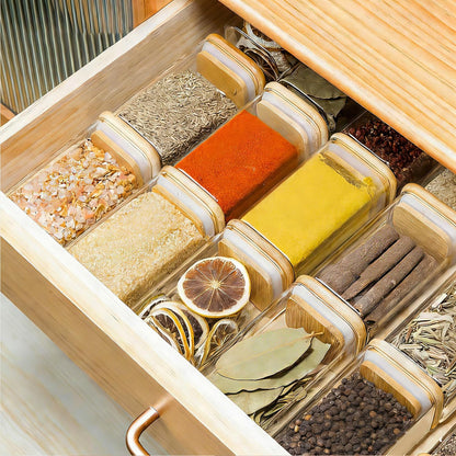 Glass Spice Jars with Labels 8 oz 6 Pack Square Bamboo Lids | Empty Containers, Seasoning Herbs Powders, Salt Pepper Chili, Kitchen Cabinet Storage Starter Set, Dry Goods