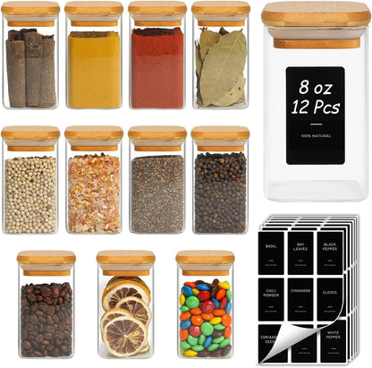 Glass Spice Jars with Labels 8 oz 6 Pack Square Bamboo Lids | Empty Containers, Seasoning Herbs Powders, Salt Pepper Chili, Kitchen Cabinet Storage Starter Set, Dry Goods