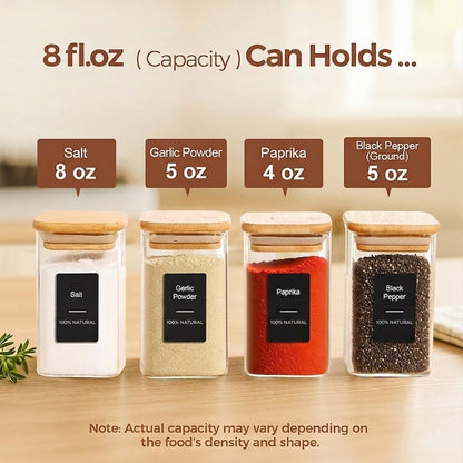 Glass Spice Jars with Labels 8 oz 6 Pack Square Bamboo Lids | Empty Containers, Seasoning Herbs Powders, Salt Pepper Chili, Kitchen Cabinet Storage Starter Set, Dry Goods